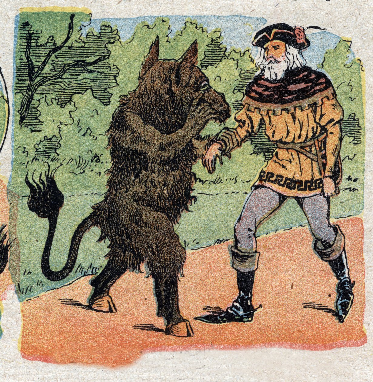 Illustration til fortællingen "Skønheden og Beten"": Beten spørger købmanden og plukker bare en rose, hans eller en af hans døtres liv. Indgravering af Quinn-billeder, omkring 1890. af French School