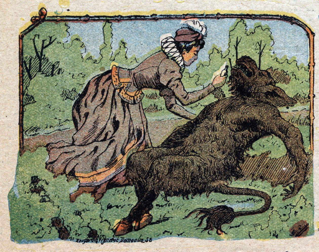 Illustration til fortællingen "Beauty and the Bete"": den smukke genoplivede bete besvimet af smerte, da hun nægtede at foreslå ægteskab. Indgravering af Quinn-billeder, omkring 1890. af French School