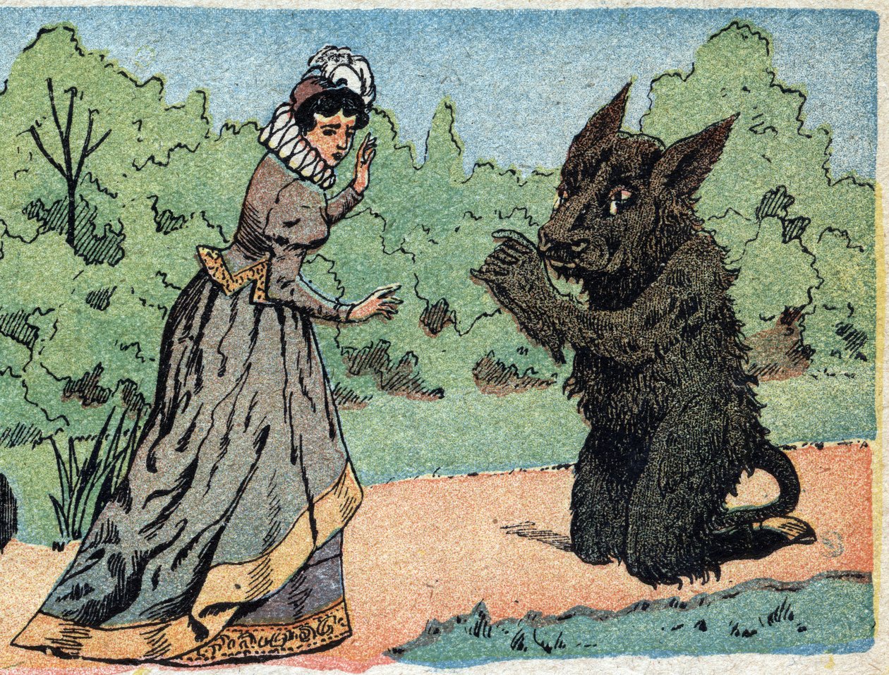 Illustration til fortællingen "Skønheden og beten"": beten spørger den smukke, der pludselig bliver bange. Indgravering af Quinn-billeder, omkring 1890. af French School