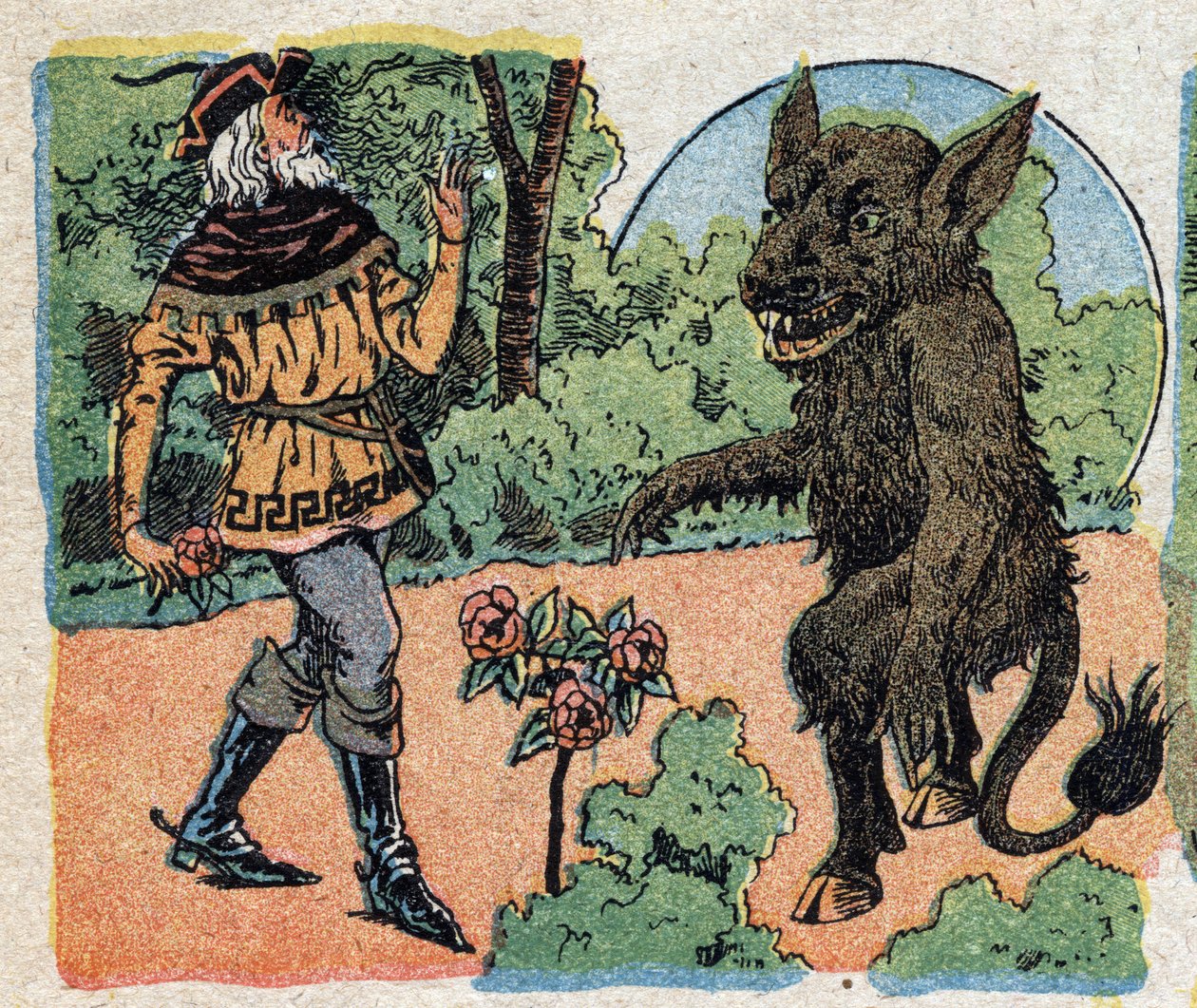 Illustration til fortællingen "Skønheden og Beten"": købmanden skærer en rose i Betes have for at bringe tilbage til sin datter Belle. Indgravering af Quinn-billeder, omkring 1890. af French School