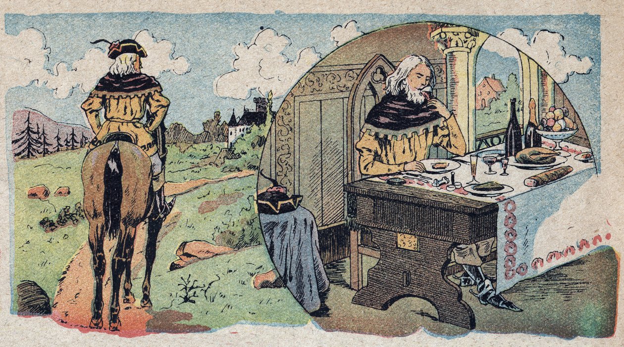 Illustration til fortællingen "Beauty and the Bete"": købmanden tabte sig i skoven - efter at han kom ind i en spisestue. Indgravering af Quinn-billeder, omkring 1890. af French School