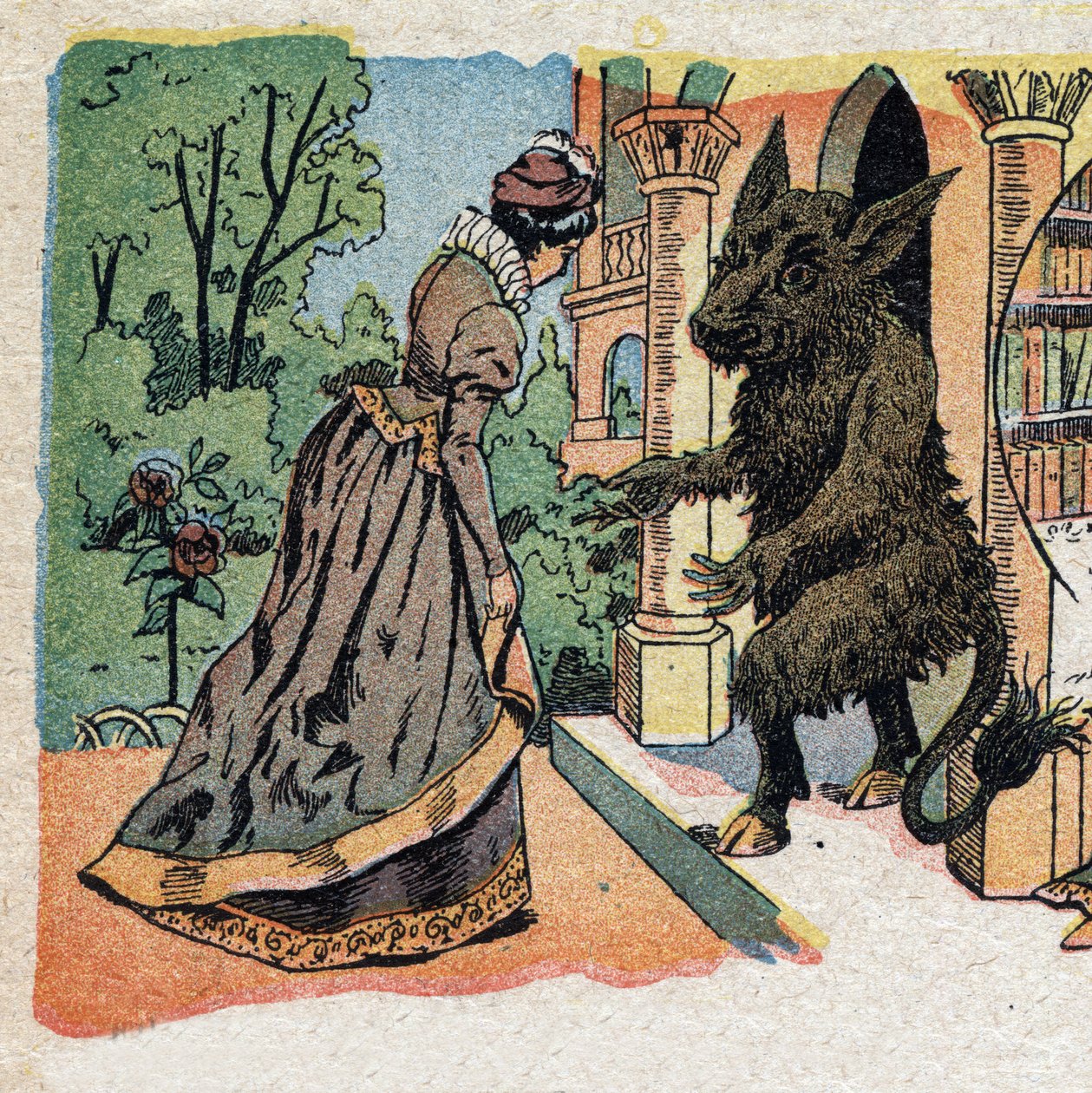 Illustration til fortællingen "La Belle et la Bete"": den smukke ankommer til Betes slot. Indgravering af Quinn-billeder, omkring 1890. af French School