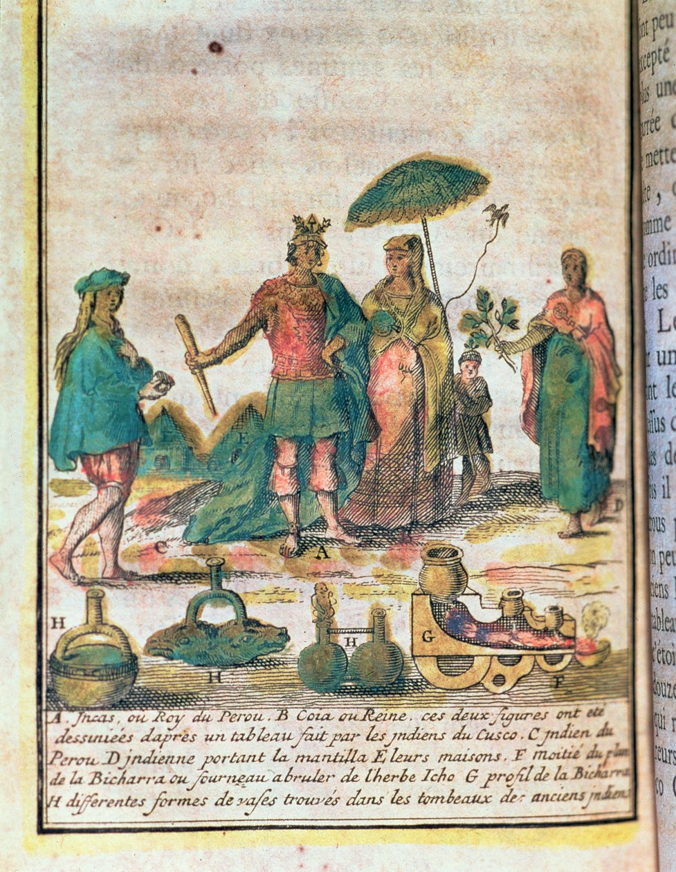 Illustration fra en historie med Peru, der viser en inca -konge og dronning med indiske ledsagere og et diagram over en Bicharra af French School