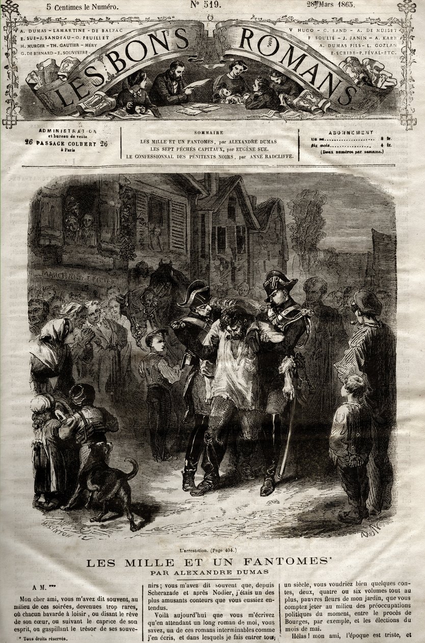 Illustration fra "" The Thousand Un Fantomes""-romanen af Alexandre Dumas pere dukkede op i "" The Bons Romans"" af 28/03/1865 af French School