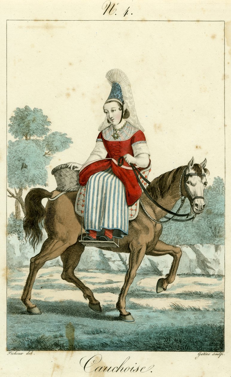 Illustration nr. 4, Cauchoise kostume (farvet gravering) af French School