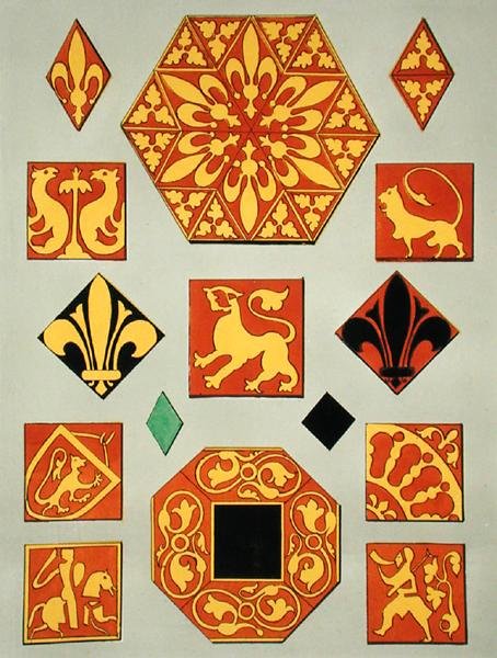 Illustration af keramiske mønstre fra det 13. århundrede fra en dekorationskildebog (farve litho) af French School
