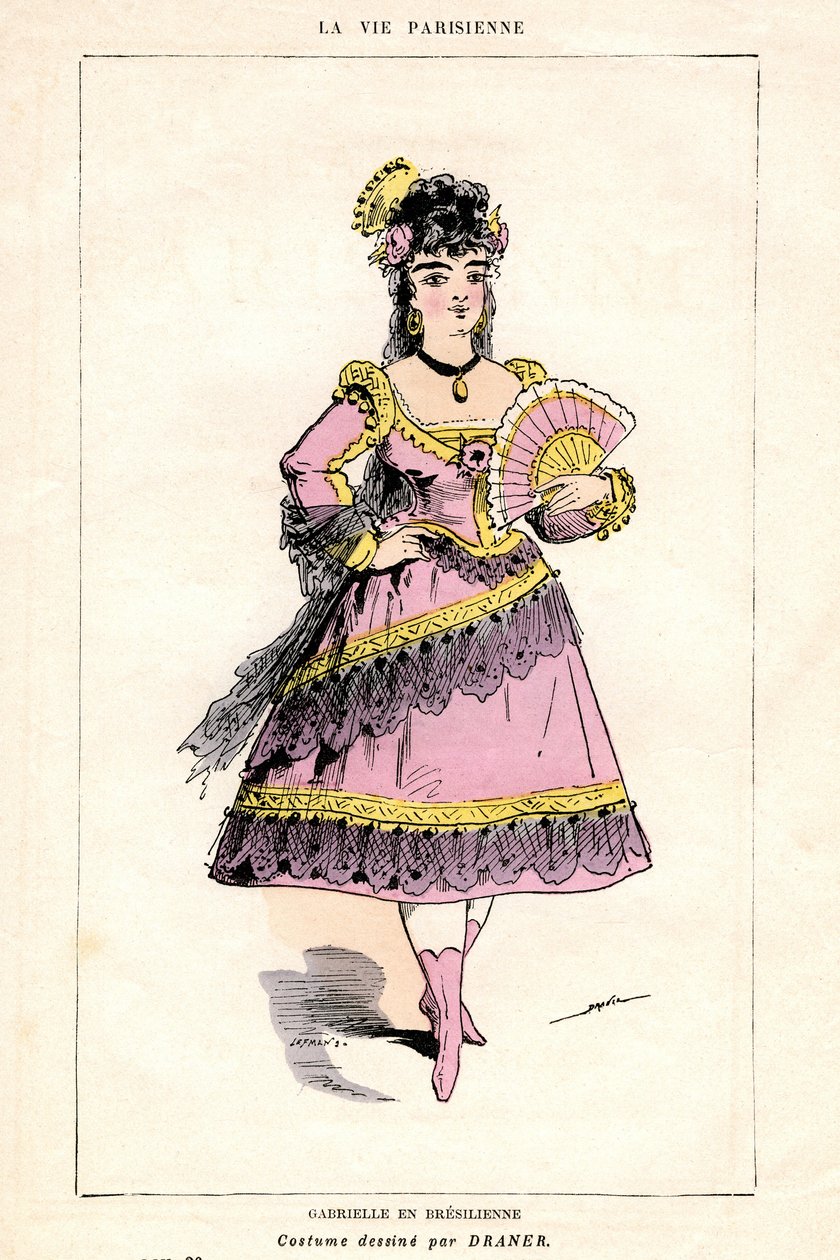 Illustration af "La Vie Parisienne", stykke og opera (opera-mad) af Jacques Offenbach på en libretto af Ludovic Halevy og Henri (Henry) Meilhac, bogudgave af Illustree Boghandel 1875 - Gabrielle i Bresilienne: kostume tegnet af Draner (1833-1926) af French School