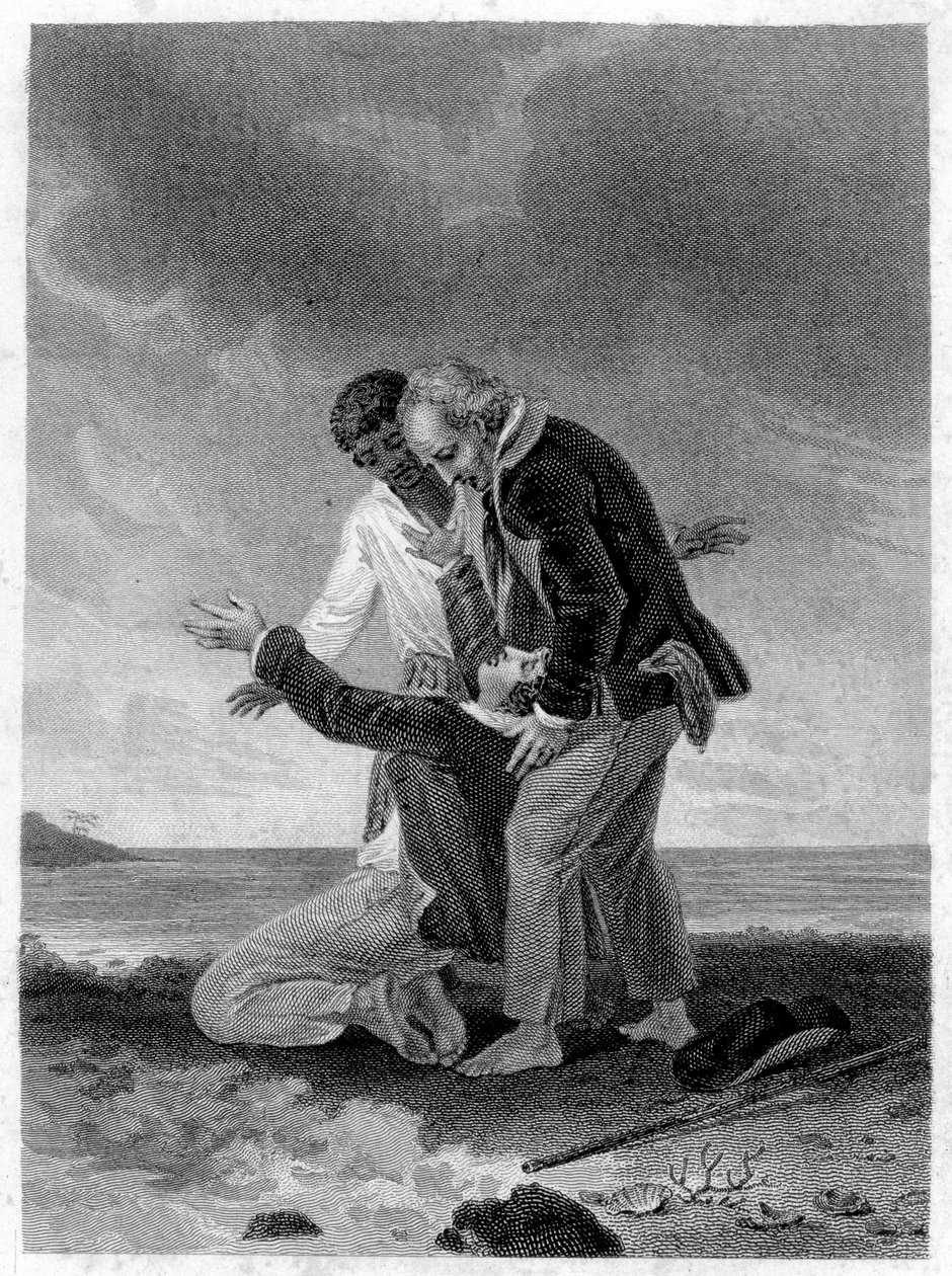Illustration af "" Paul og Virginia"": Paul foran havet. Roman af Henri Bernardin de Saint Pierre (Saint-Pierre eller St-Pierre), fransk forfatter (1737-1814). af French School