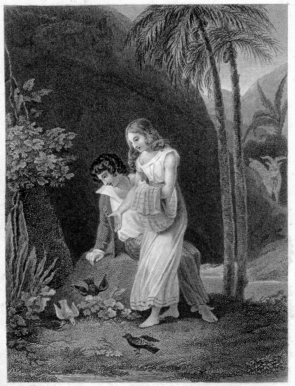 Illustration af "Paul og Virginia". Roman af Henri Bernardin de Saint Pierre (Saint-Pierre eller St-Pierre), fransk forfatter (1737-1814). af French School