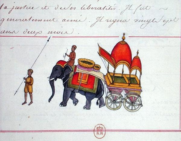 Illustration af en elefant, der trækker en vogn, tidligt i det 19. århundrede (papir) af French School