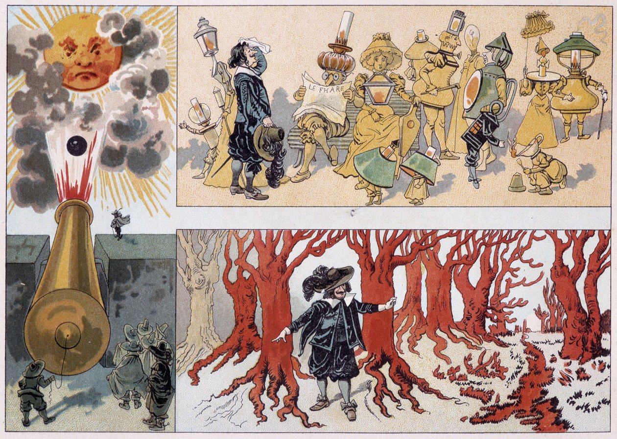 Illustration af de Cyrano de Bergerac i hans roman "Den anden verden"" af French School