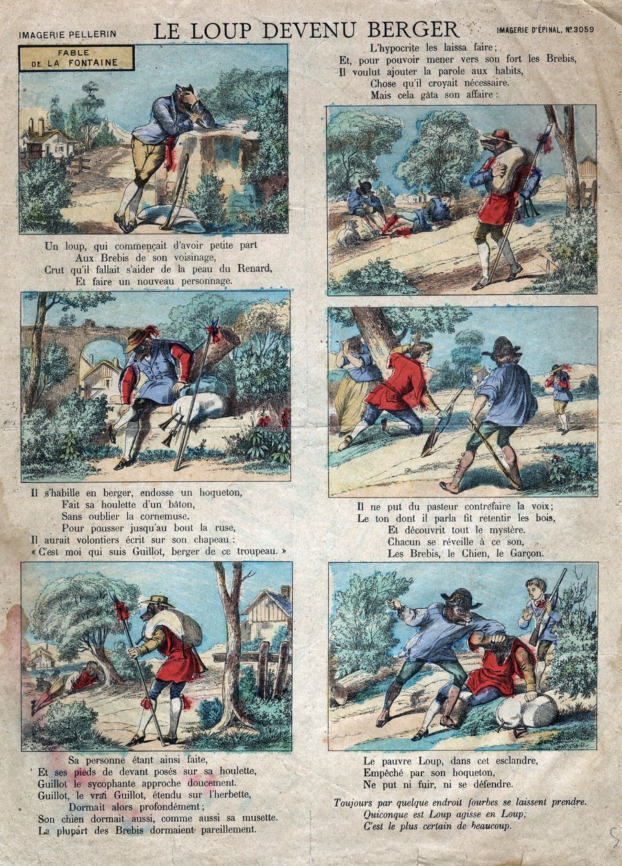 Illustration af fabel af Jean de la Fontaine (1621-1695): ulven blev hyrde. Epinal billeddannelse fra slutningen af det 19. århundrede. af French School