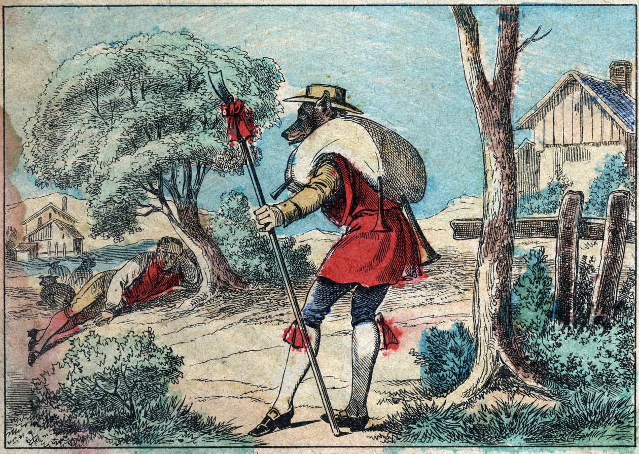 Illustration af fabel af Jean de la Fontaine (1621-1695): ulven blev hyrde. Epinal billeddannelse fra slutningen af det 19. århundrede. af French School