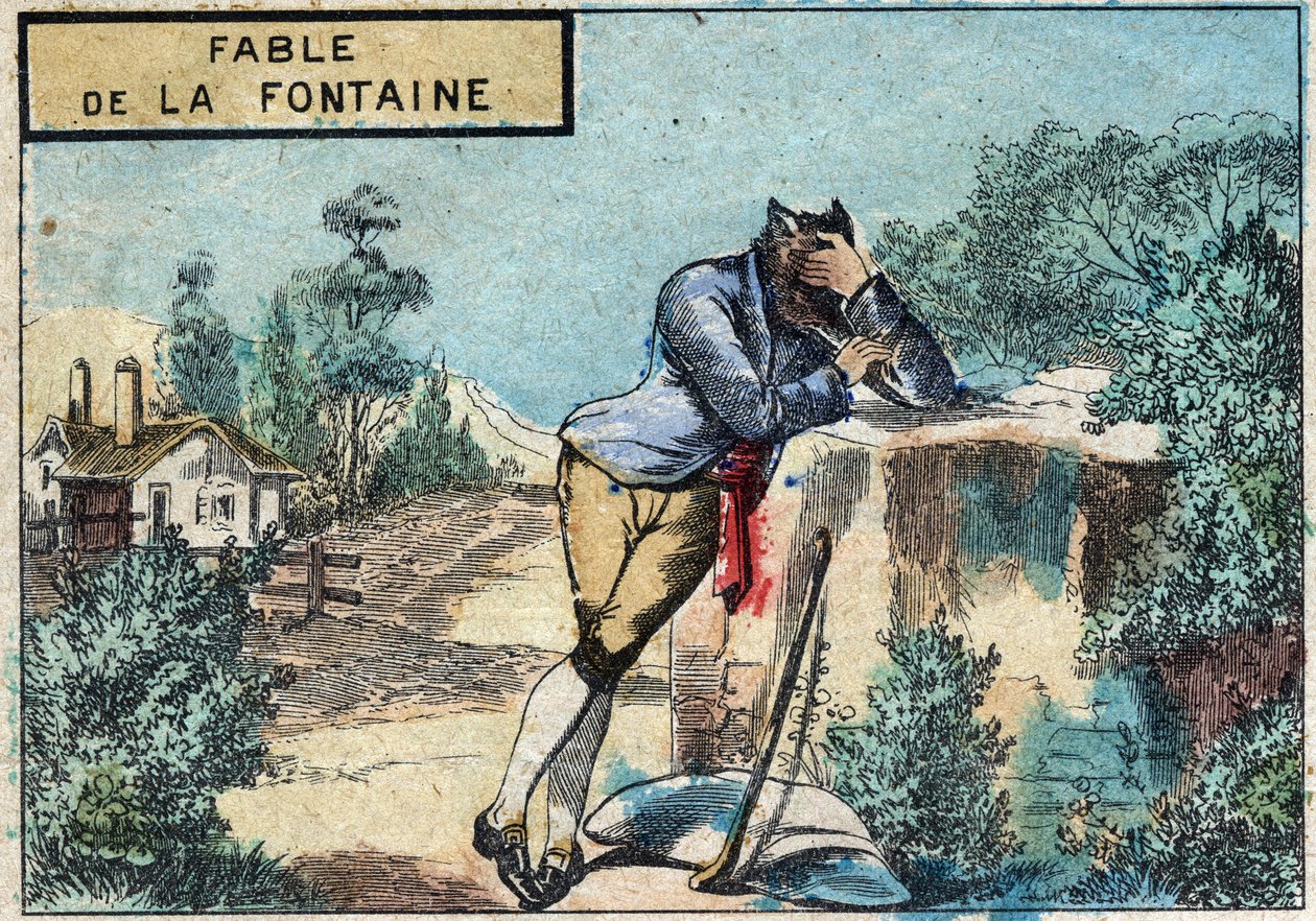 Illustration af fabel af Jean de la Fontaine (1621-1695): ulven blev hyrde. Epinal billeddannelse fra slutningen af det 19. århundrede. af French School