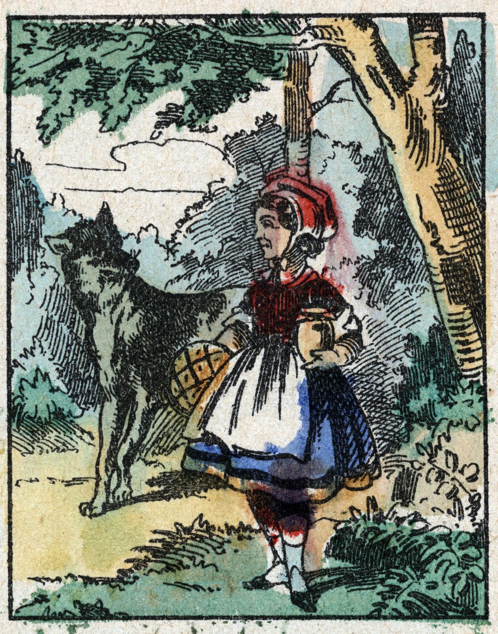 Illustration af fortællingen "Den Lille Rødhætte"" af Charles Perrault. Træstik fra Imaging Pellerin - Epinal, sd. Slutningen af det 19. århundrede. af French School
