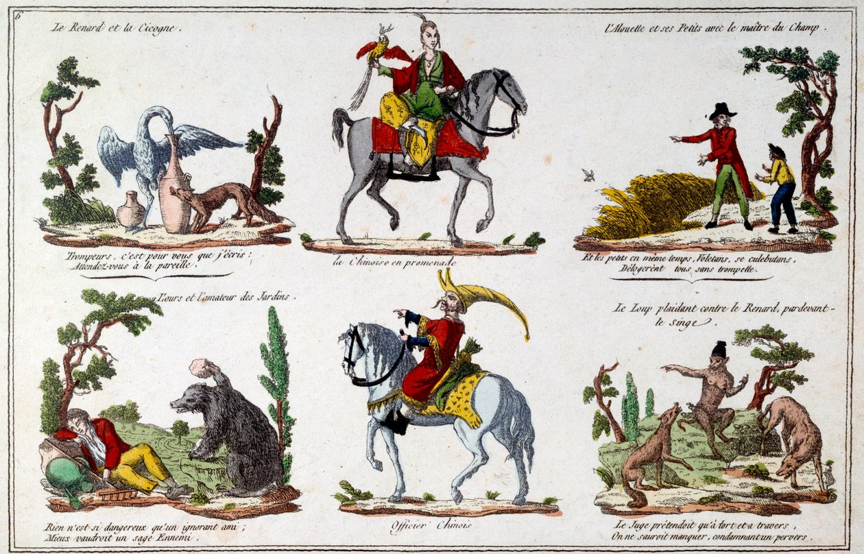 Illustrationsplade til fablerne af Jean de La Fontaine (1621-1695): Ræven og Storken, den kinesiske gående, bjørnen og haveelskeren, den kinesiske officer. Gravering af French School