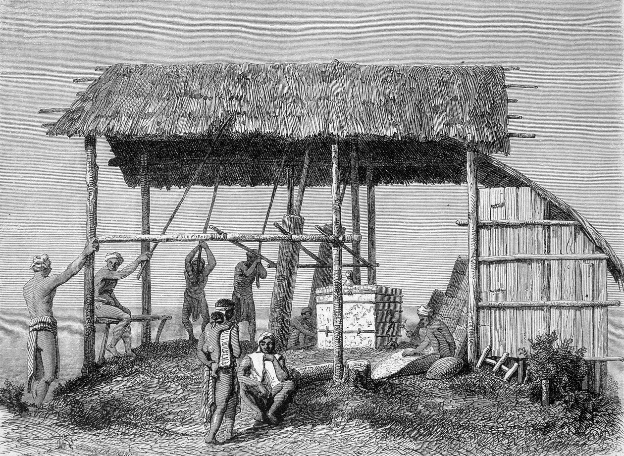 Illustration offentliggjort i 1862-udgaven af "Le Tour du monde", der forestiller en smed i dayaks på øen Borneo. Gravering. af French School
