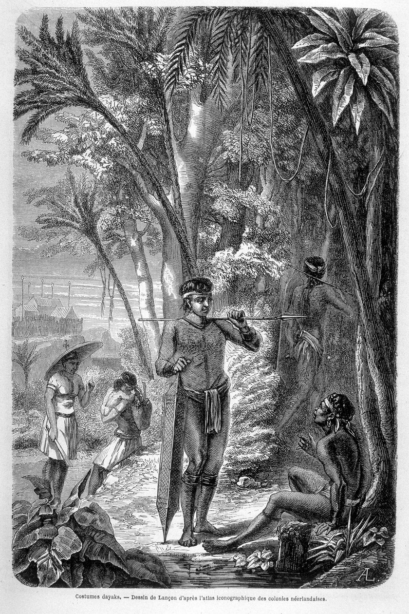 Illustration udgivet i 1862-udgaven af "Le Tour du monde", som forestiller en dayak, der bor på øen Borneo. Gravering. af French School