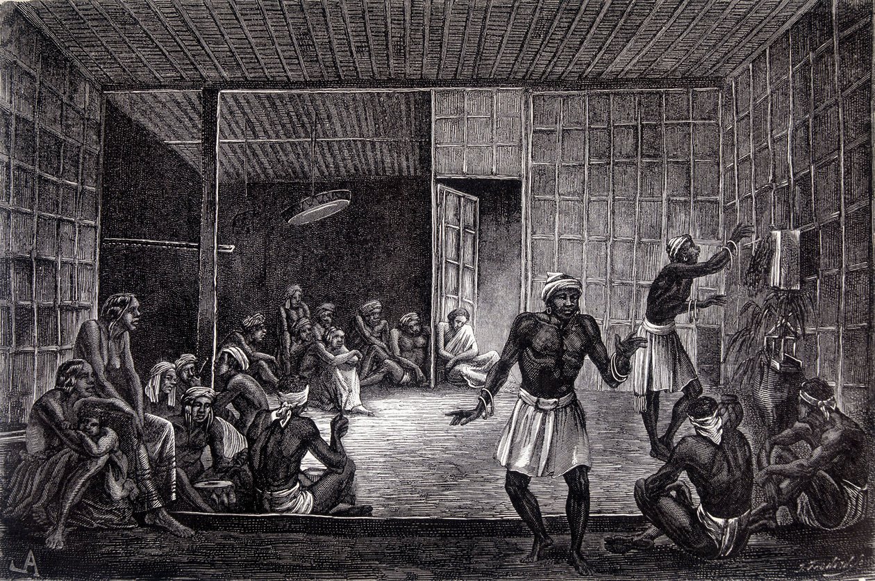 Illustration udgivet i 1862-udgaven af "Le Tour du monde", der skildrer en session med eksorcisme praktiseret af dayaks på øen Borneo. Gravering. af French School