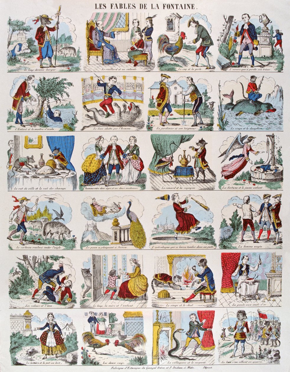 Illustrationer til fabler af Jean de La Fontaine (1621-95) imagerie Gangel og P. Didion i Metz (farvestik) af French School