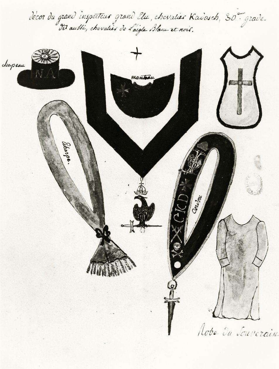 Illustrationer af frimurerregalier og kjole fra ridderen Kadosh, 30. grad, i den skotske frimureritation, 1813 (pen, blæk og gouache på papir) af French School