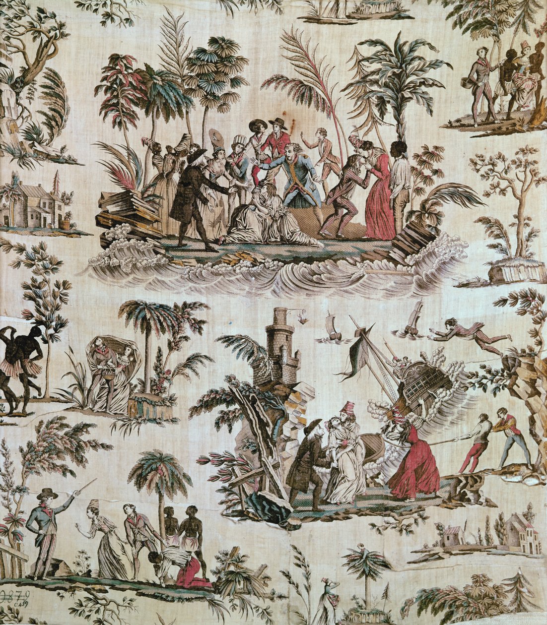 Illustrationer af hændelser fra romanen Paul et Virginie, Toile de Nantes, ca. 1800 (trykt bomuld) af French School
