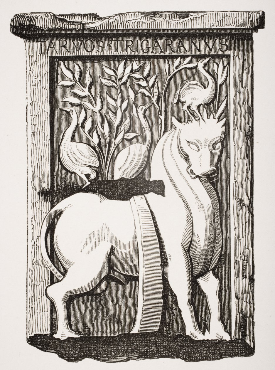 Billede af Holy Ox Celtic monument fundet under koret i Notre Dame Cathedral i Paris i 1711, fra Le Moyen Age et La Renaissance af Paul Lacroix (1806-84) udgivet 1847 af French School