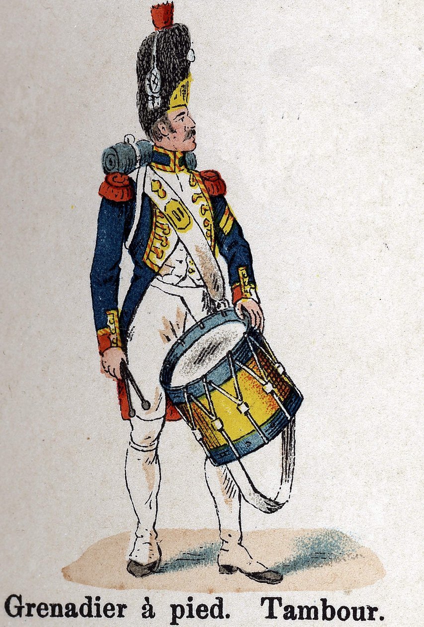 Imperial Guard Napoleon I: Grenadier til fods - Tromme. Tallerken fra bogen Les Uniformes de l