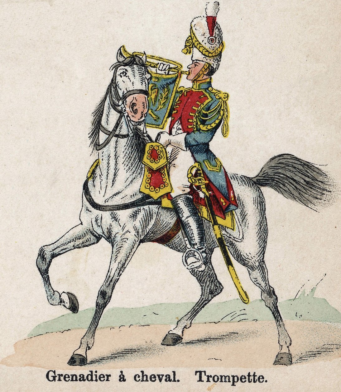 Imperial Guard Napoleon I: Grenadier til hest - Trompet. Tallerken fra bogen Les Uniformes de l