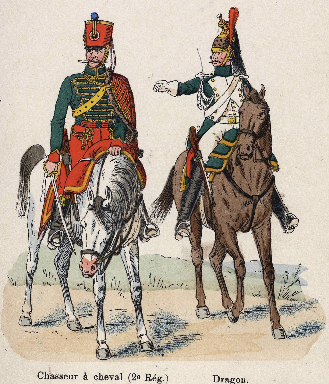 Imperial Guard Napoleon I: Horseback Hunter (2. Regiment) og Dragon. Tallerken fra bogen Les Uniforms de l