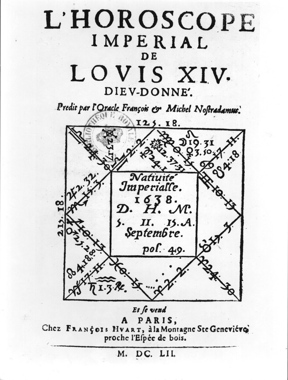 Kejserligt horoskop for Ludvig XIV (1638-1715) af Michel Nostradamus (1503-66) udgivet af Francois Huart i Paris 1652 af French School