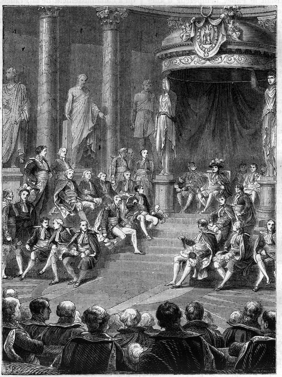 Imperiale seance i senatet: tale af Napoleon om forfatningen af det nye kongerige Italien i 1805 - i "Histoire de l