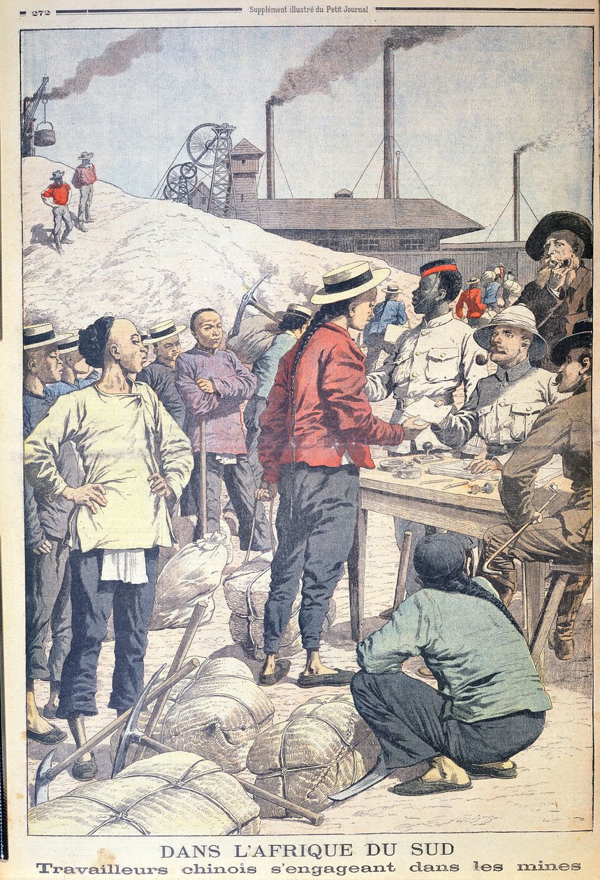 Import af kinesiske arbejdere til at arbejde i guldminerne i Sydafrika i 1904, illustration fra Le Petit Journal, 1904 af French School