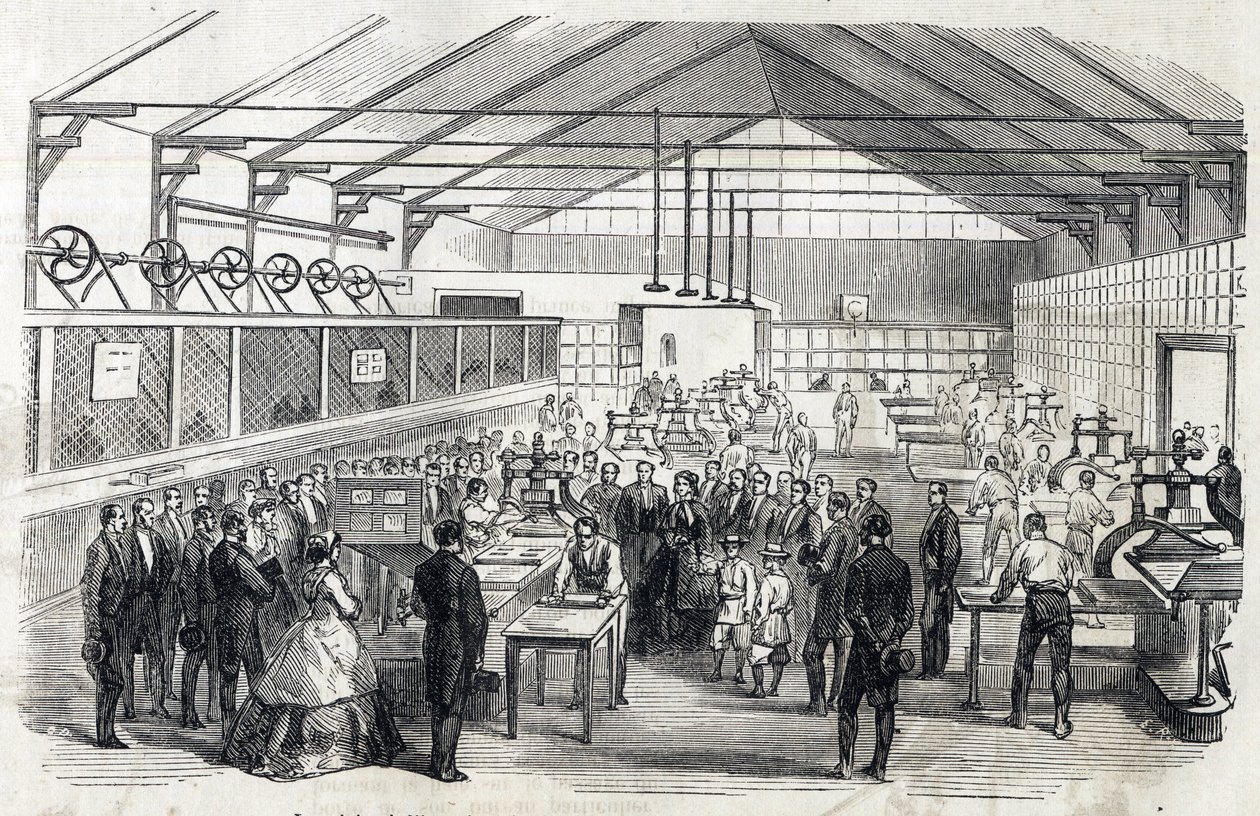 Imponer Eugenie og Imperial Prince besøger Banque de France, 23. juni 1866 - trykning af pengesedler - gravering i Le MONDE Illustrous DU 07/07/1866 af French School