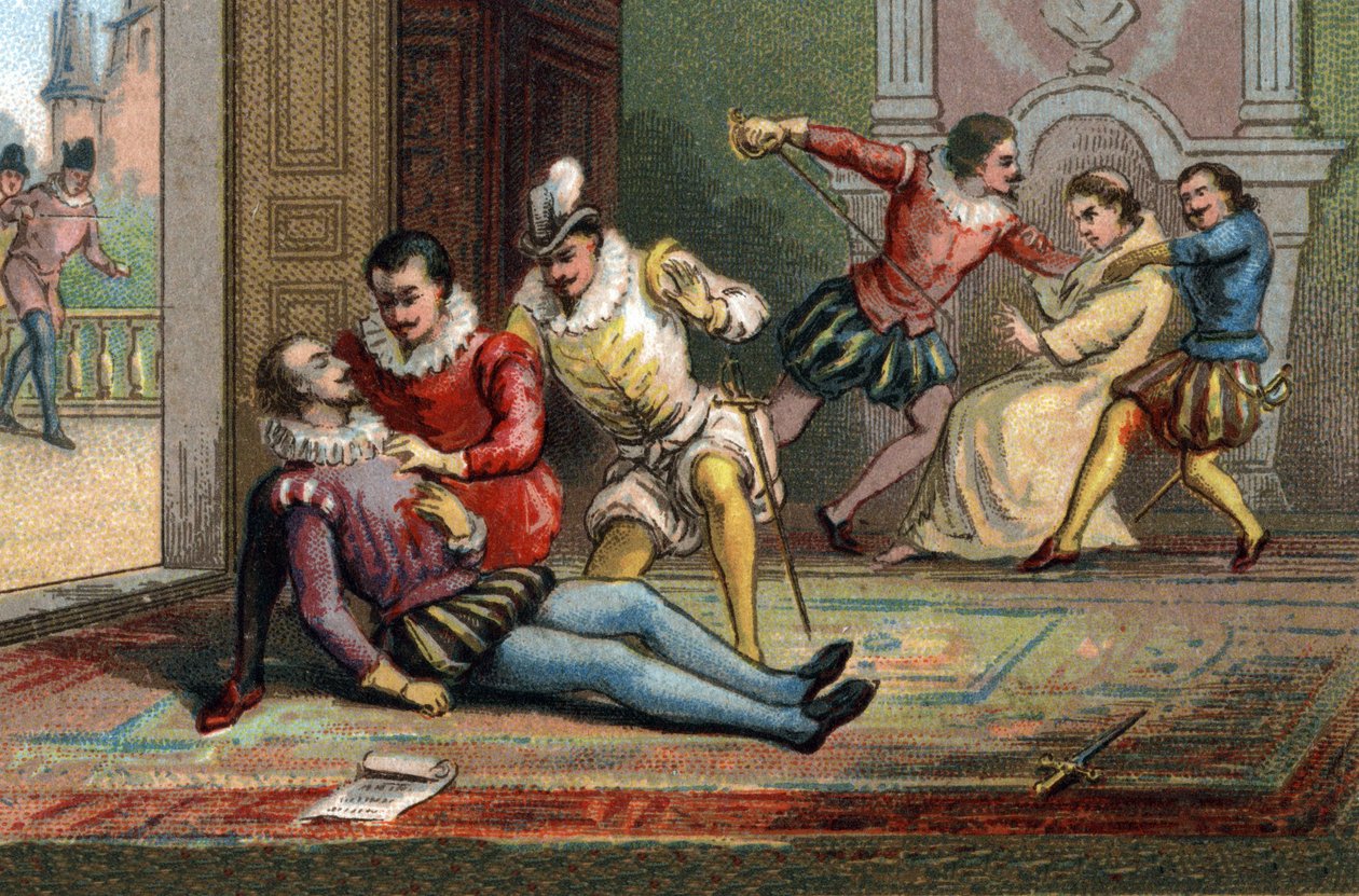 I 1589 myrdede munken Jacques Clement kong Henrik III med et knivstik efter at have fået ham til at læse et brev. Kongen døde i armene på Henrik af Navarra. Kromolitografi omkring 1890. af French School