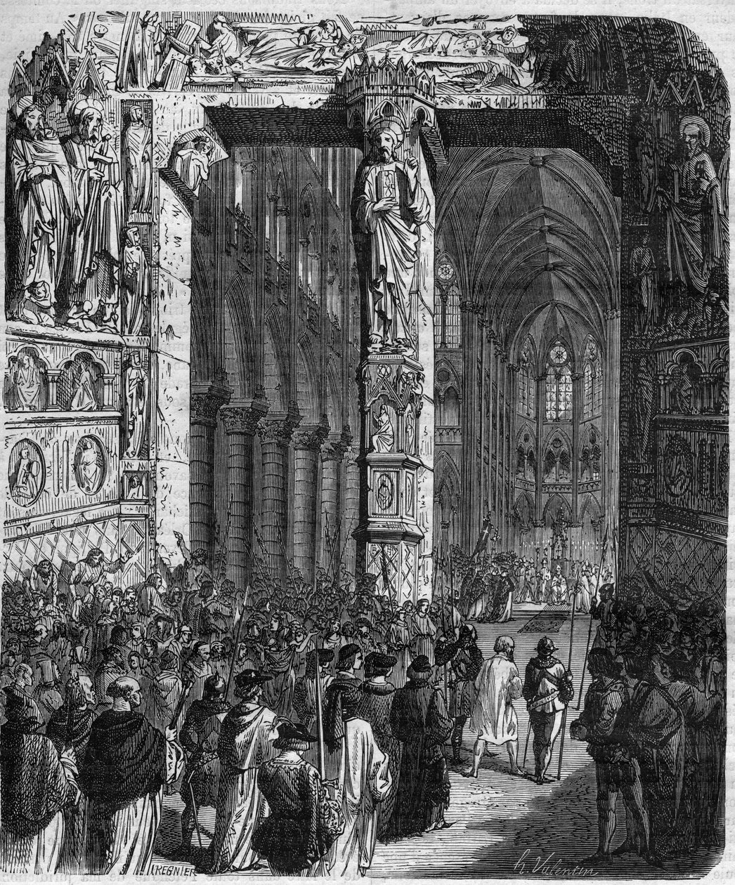 I Canossa beder kejser Henrik IV af Det Hellige Romerske Rige (1050 - 1106) i angrende dragt om tilgivelse fra pave Gregoire VII (Hildebrand: 1015/20 - 1085) og gør ærefuldt bod. Dronningekongens og kejsernes forbrydelser gennem århundreder” af Mauri af French School
