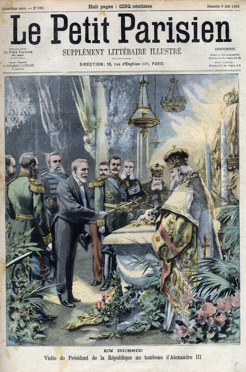 I Rusland: besøg af præsident Emile Loubet (1838-1929) til graven af Alexander III (1845-1894), Ruslands kejser, i "Le petit Parisien"" af French School