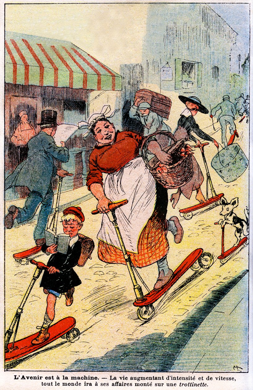 I fremtiden, livet stigende i intensitet og hastighed, vil alle gå til sin virksomhed får på en scooter. 1919 (gravering) af French School