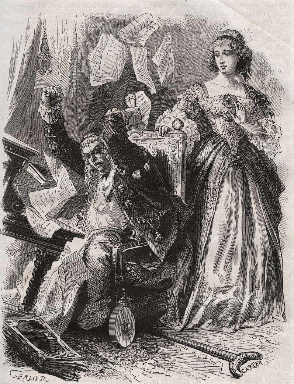 I bytte for vanvittig raseri fik han fjer, bøger og papirer til at flyve: digteren Paul Scarrons (1610-1660) vrede foran sin kone, Francoise d