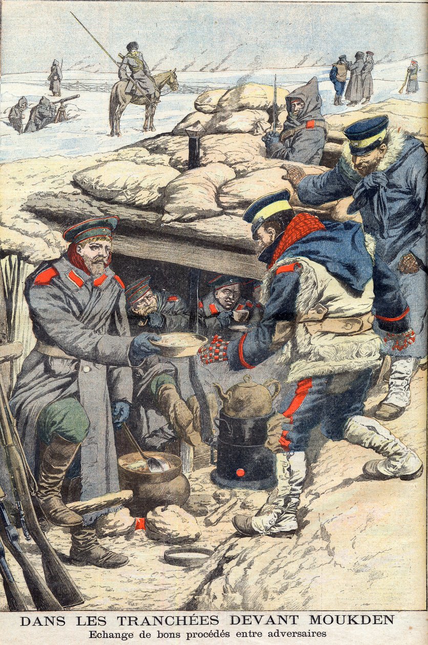 I skyttegravene før Mukden, russisk-japanske krig. Japanske og russiske tropper udveksler mad og drikke. I skyttegraven foran Mukden. Udveksle god proces mellem modstandere. Illustration til Le petit Journal, 22. januar 1905. af French School