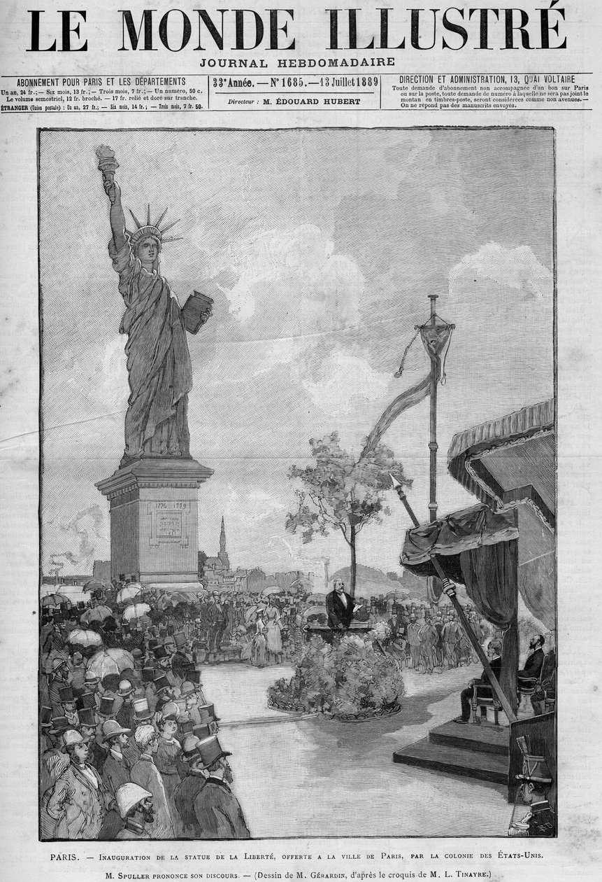 Indvielse af Frihedsgudinden i Paris, 4. juli 1889: tale af Eugene Spuller (1835-1896), fransk udenrigsminister. Statuen blev tilbudt til byen Paris af det amerikanske samfund for at fejre 100-året for af French School