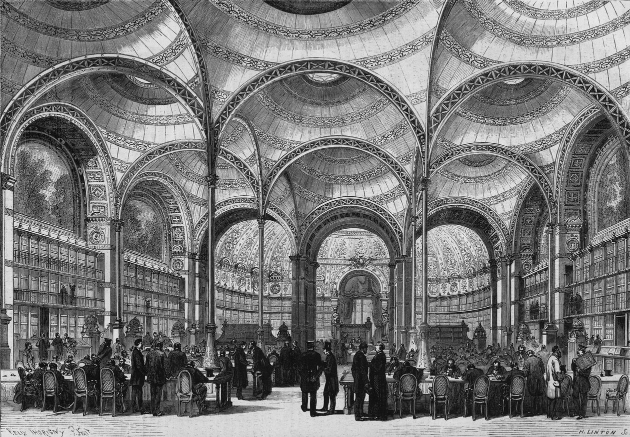 Indvielse af den nye læsesal i det kejserlige bibliotek i Paris, 13. juni 1868, bygget af arkitekten Pierre Francois Henri Labrouste (1801-1875). Indgravering i ""Le Monde Illustre"" nr. 585 af 27. juni 1868. af French School