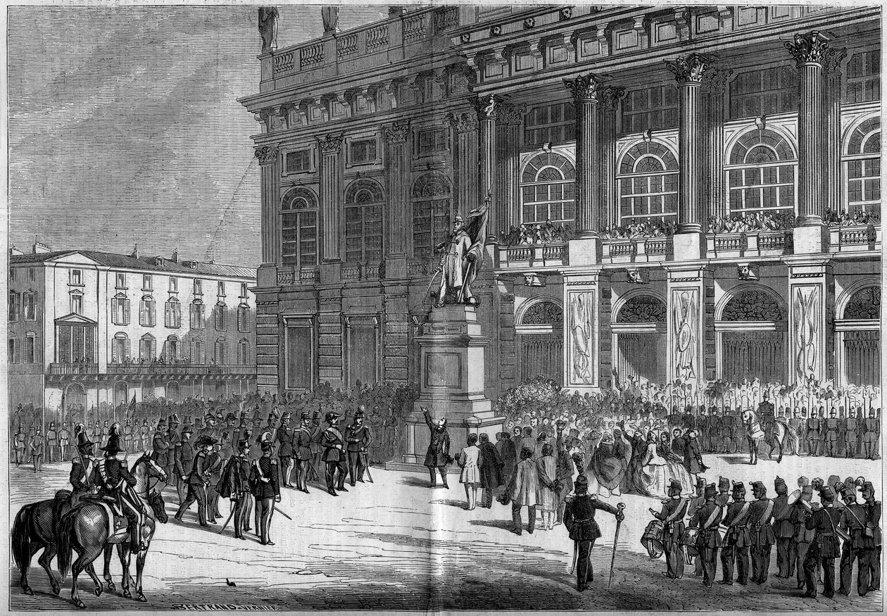 Indvielse af det sardinske monument af Vincenzo Vela (1820-1891), på Chateau Square i Torino (Italien) den 10. april 1859. Bag statuen er "Palazzo Madama". Baseret på Mr. Ferrys skitser. Indgravering i "" Le Monde Illustré"" nr. 106 af 23. april 18. af French School