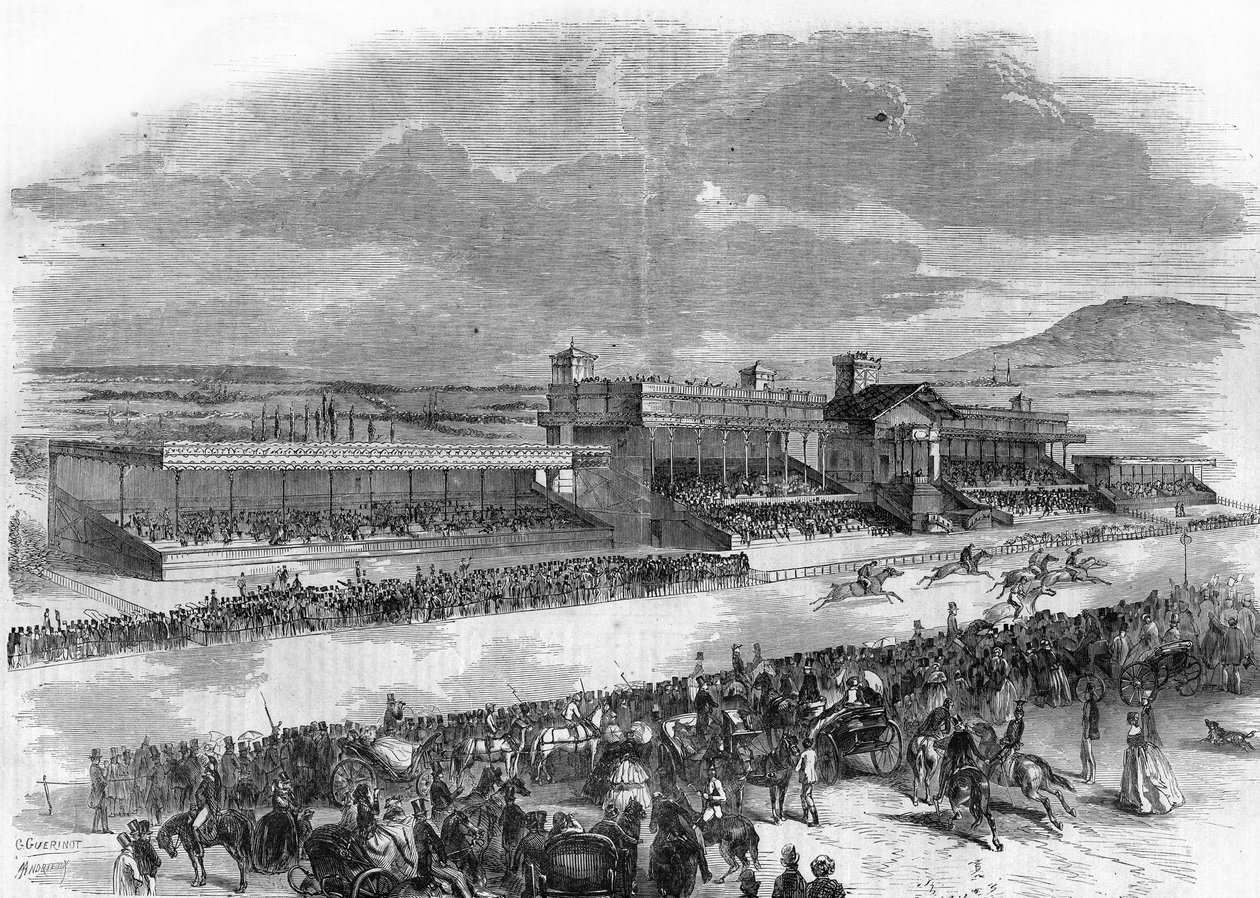 Indvielse af hestevæddeløbene ved Bois de Boulogne i 1857. af French School