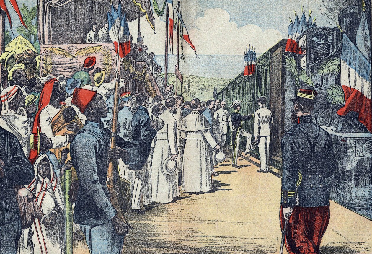 Indvielse af jernbanen, der forbinder Thies med Kayes til Senegal, begyndelsen af det 20. århundrede af French School