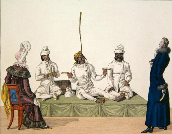 Indiske jonglører udfører en balancegang, planche 87 fra "le Bon Genre", ca. 1810 (farvestik) af French School
