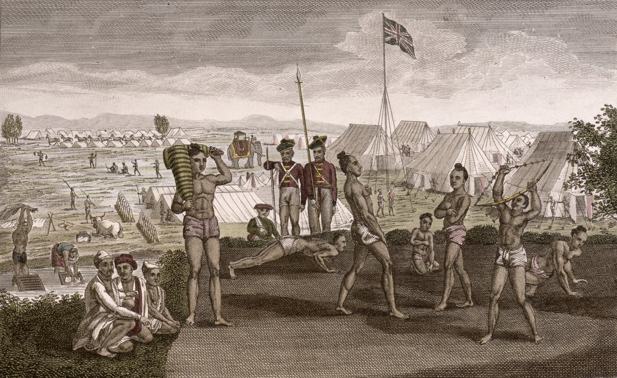 Indiske krigere træner med udsigt over den engelske beboerlejr, ca. 1810 af French School