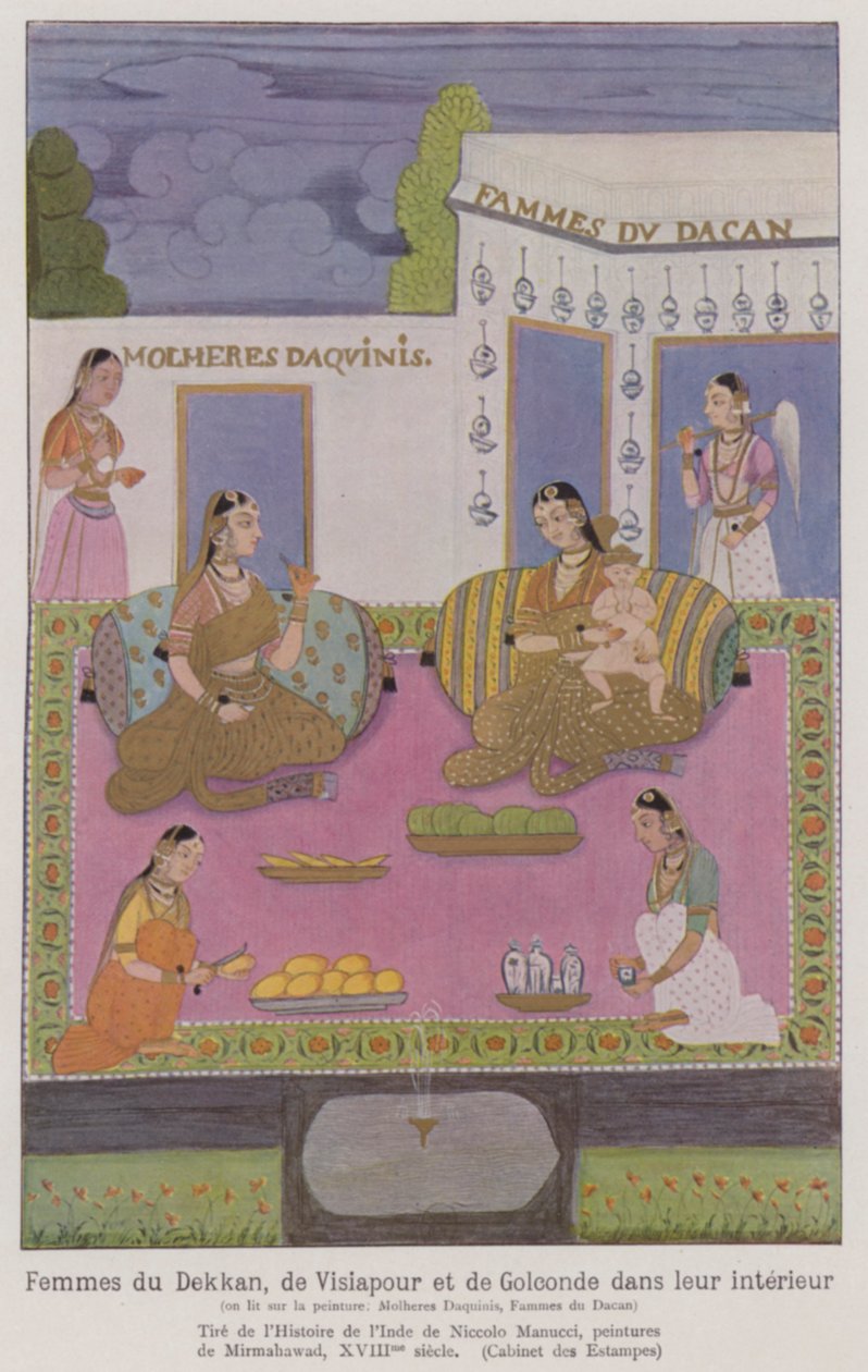 Indiske kvinder fra Deccan inde i en bygning (farvelitografi) af French School