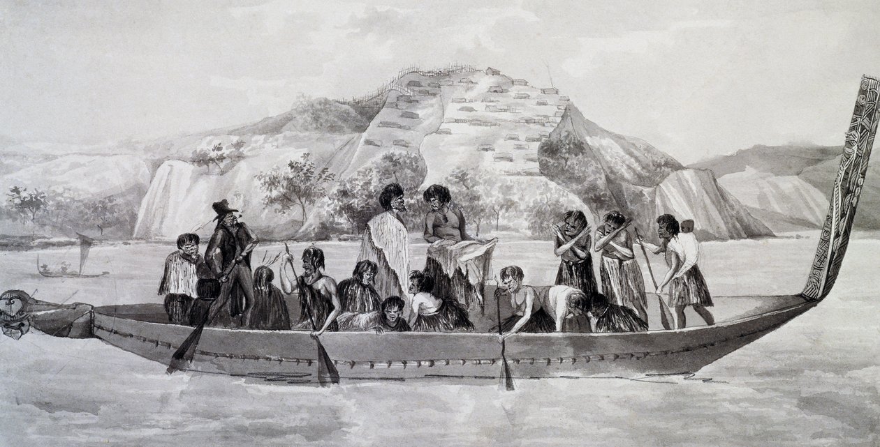 Indfødte New Zealandere på pirogue med befæstet landsby i baggrunden, 10. april af French School