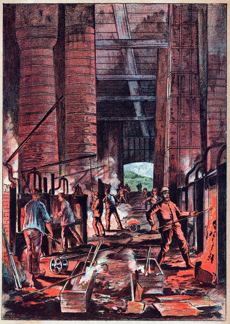 Industriel revolution - Puddling ovn - Puddler Ovens (Puddlage) - Gravering i "" Videnskaber gjort tilgængelige for alle - Populær fysik og kemi" af Alexis Clerc - Slutningen af det 19. århundrede - Privat samling af French School